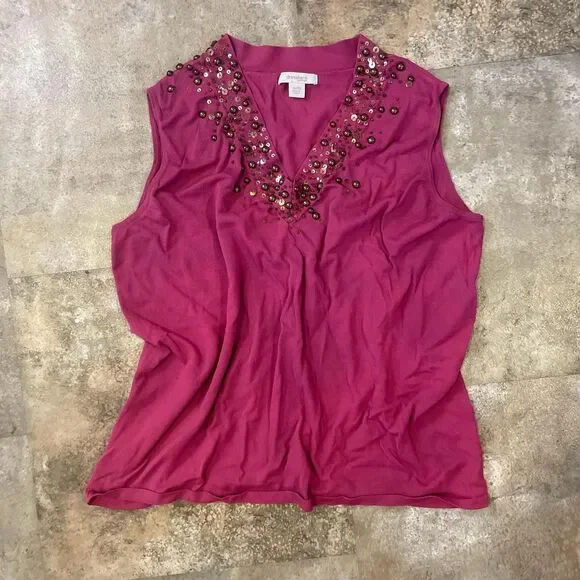 dressbarn y2k stretchy pink beaded v neck vest shirt size 18/20 - Picture 1 of 6